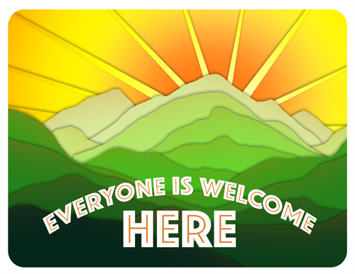 "Everyone is welcome here" text over a sunset